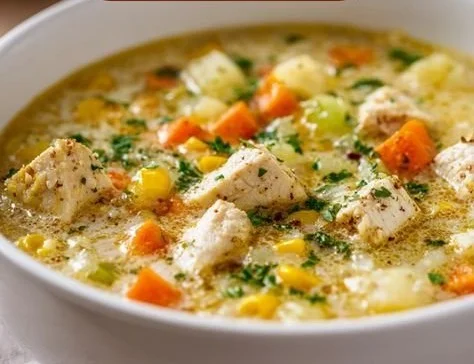 Bowl of warm Amish snow day soup with beef and vegetables for comfort