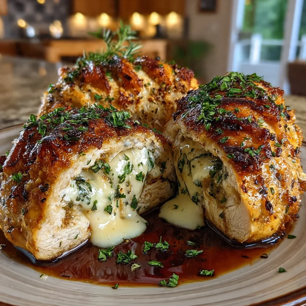 Delicious Apple and Brie stuffed chicken garnished with herbs