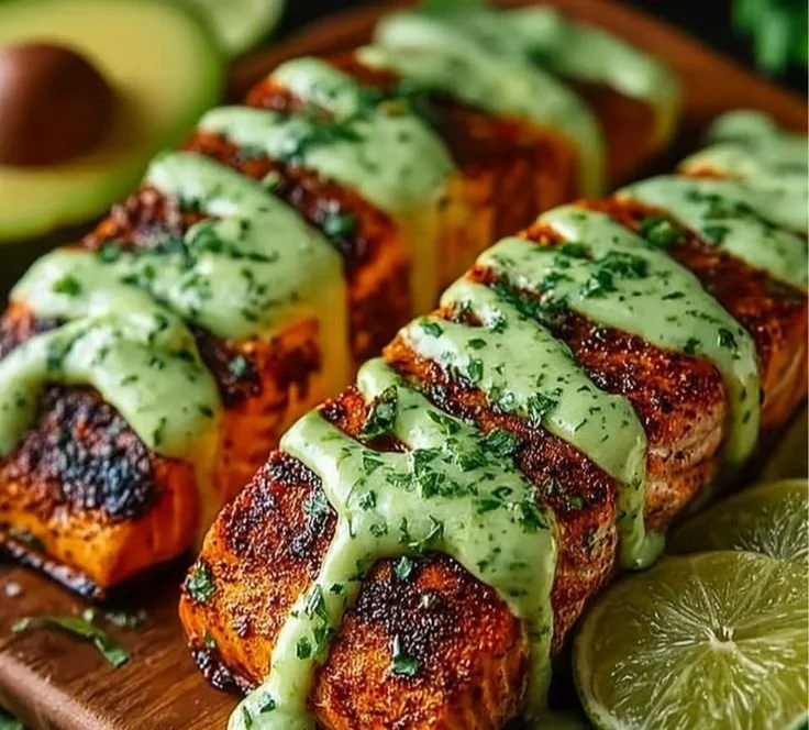 Baked Cajun Salmon served with creamy avocado lime sauce on a plate
