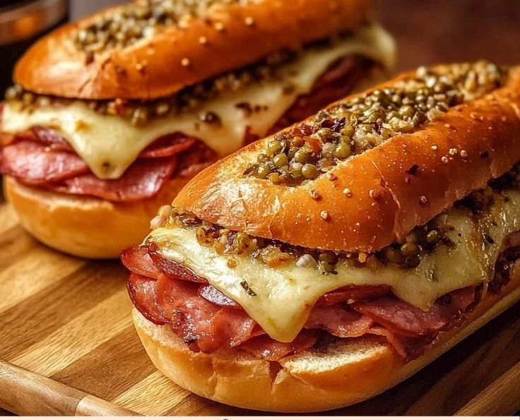Baked Italian sub sandwiches with fresh ingredients and melted cheese