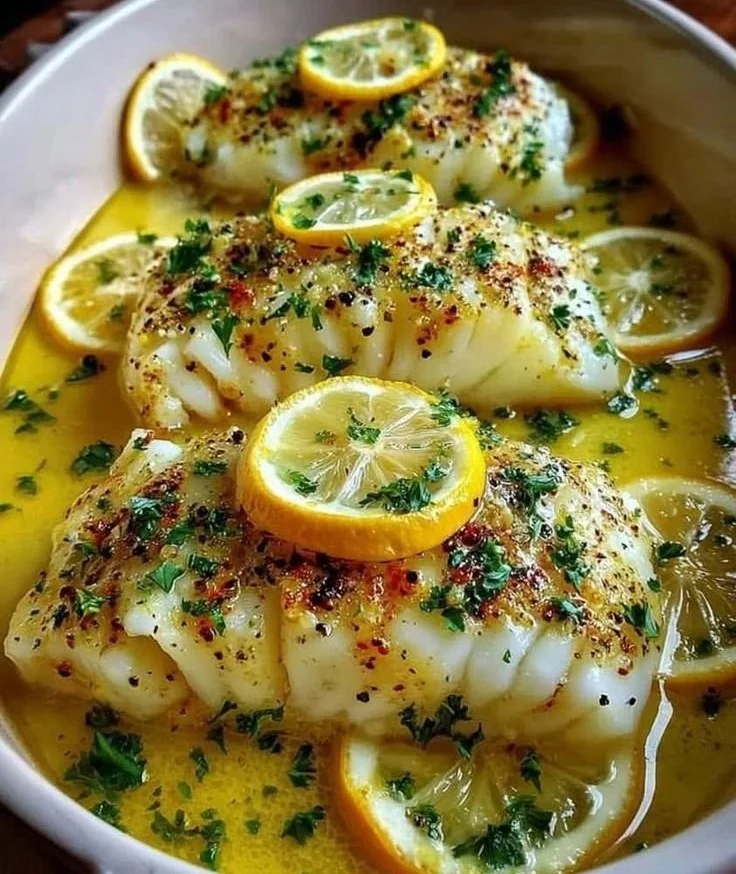 Baked lemon-garlic cod served with a butter sauce, garnished with fresh herbs.