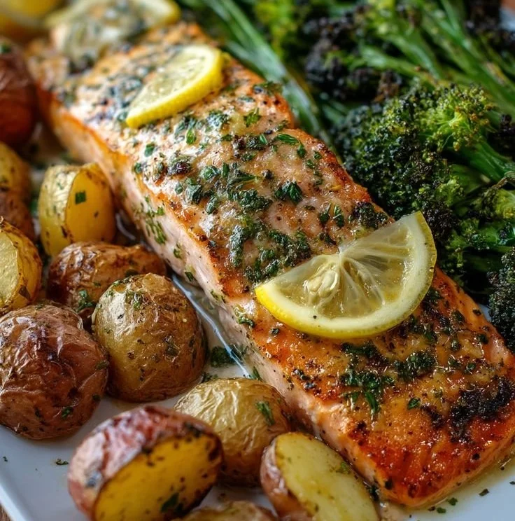 Baked salmon fillet drizzled with lemon butter sauce on a plate