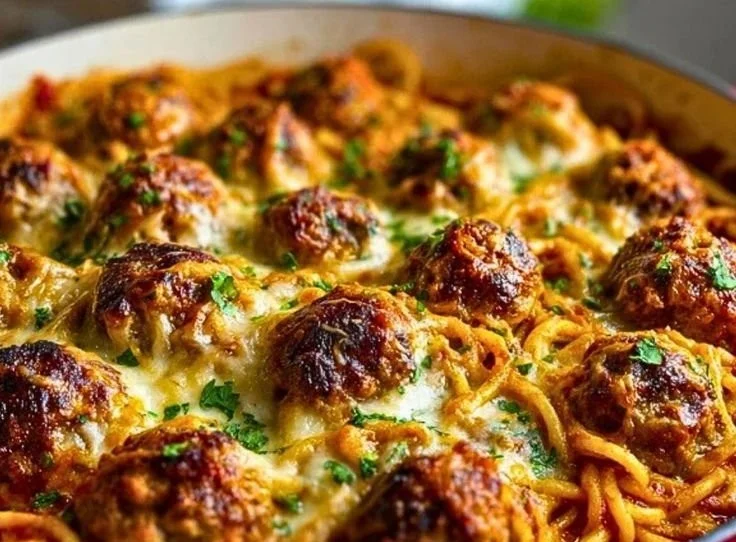 Delicious baked spaghetti with meatballs served in a baking dish