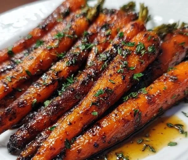 Plate of balsamic roasted carrots with fresh herbs and seasoning