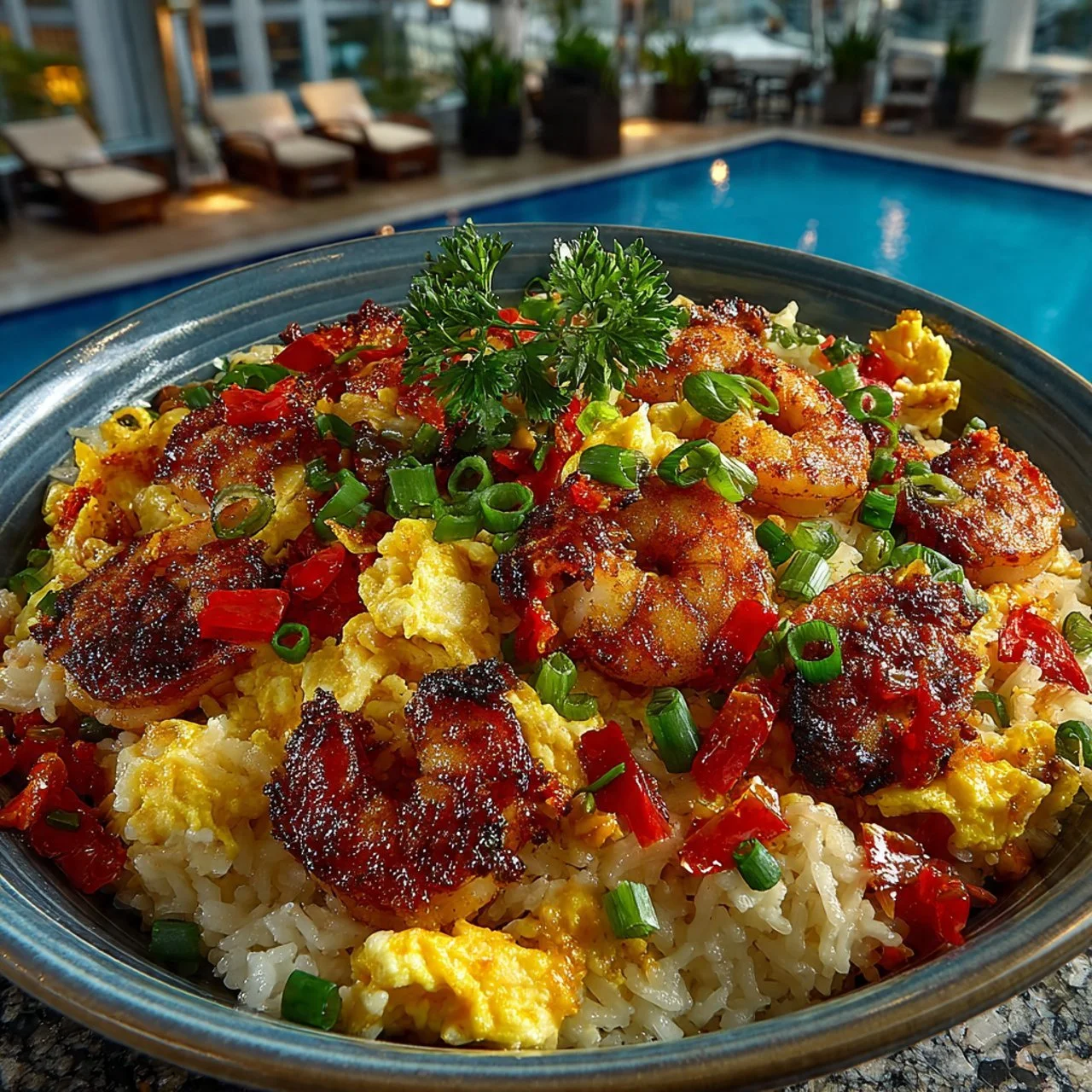 Plate of Bang Bang Fried Rice garnished with herbs and spices.
