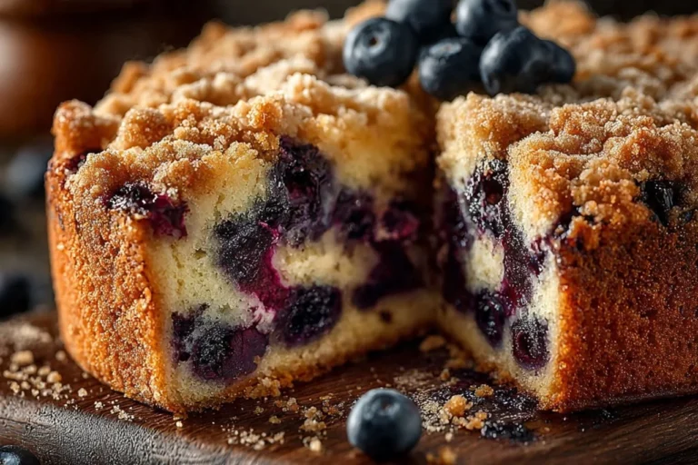 Moist blueberry cream cheese coffee cake topped with fresh blueberries.