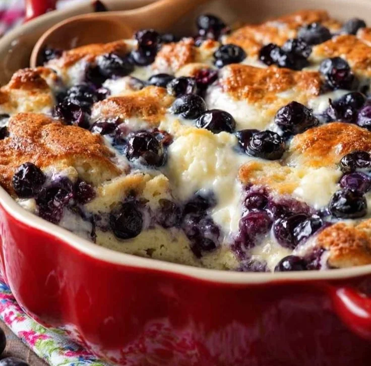 Blueberry cottage cheese bake topped with fresh blueberries and serving spoon
