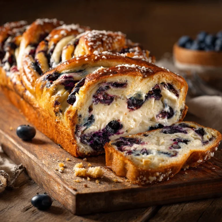Delicious blueberry cream cheese babka freshly baked and garnished.