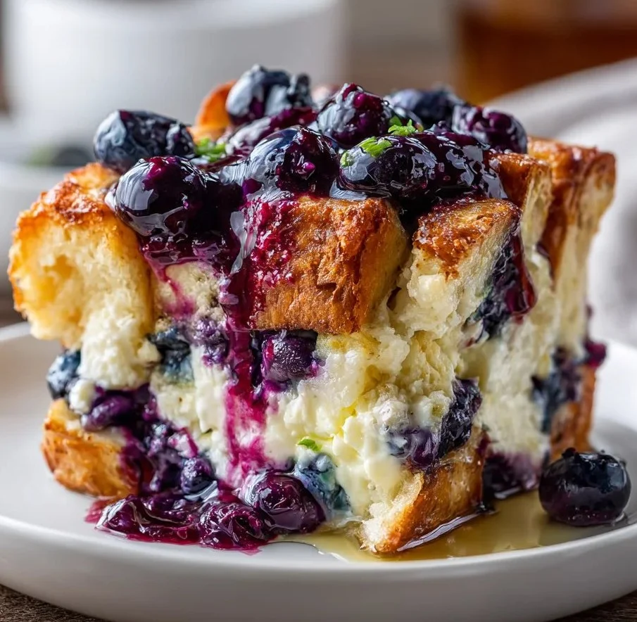 Blueberry Cream Cheese French Toast Casserole served in a dish