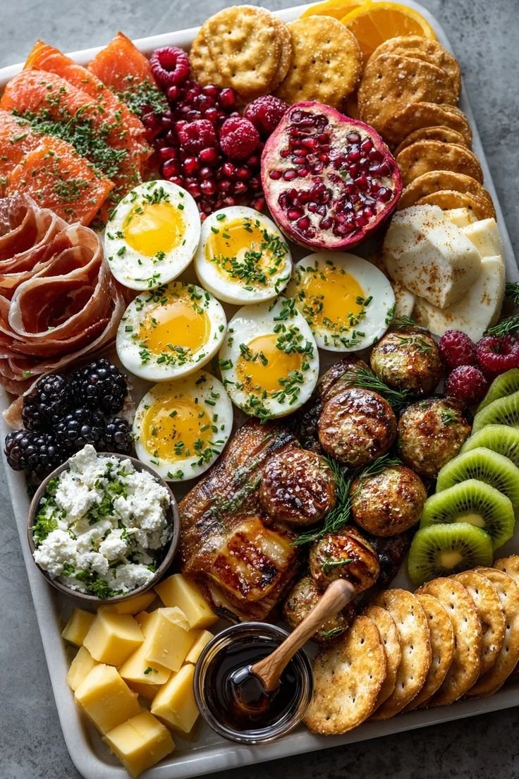 Delicious breakfast charcuterie board filled with fruits, cheeses, and meats.