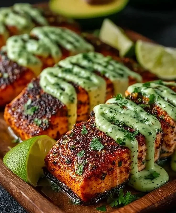 Cajun Salmon fillet topped with creamy avocado lime sauce on a plate.