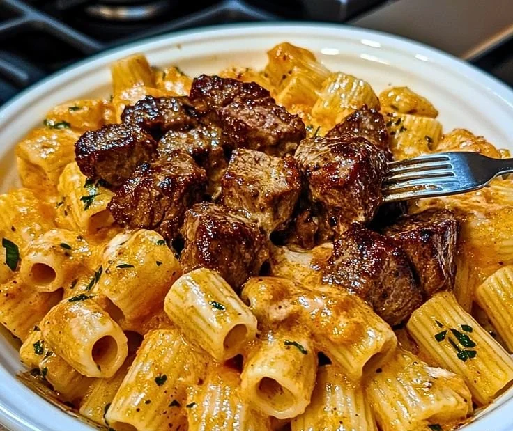Cajun steak tips with creamy parmesan rigatoni served in a bowl.
