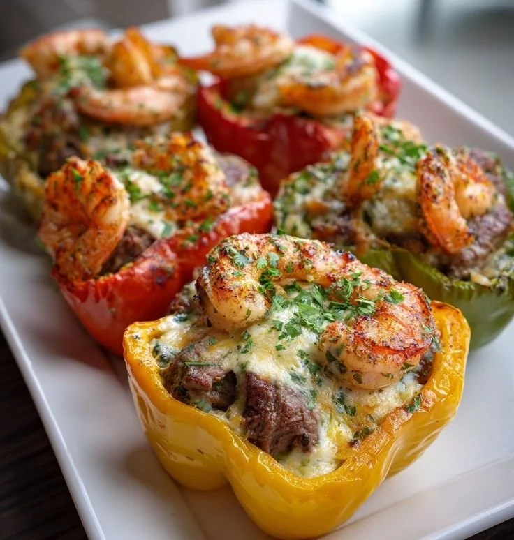 Cajun Surf and Turf Stuffed Peppers Supreme filled with shrimp and steak