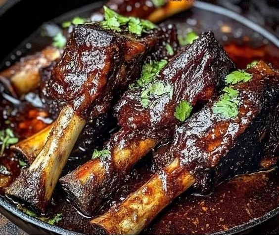 Caramelized slow roast Asian beef short ribs served on a plate