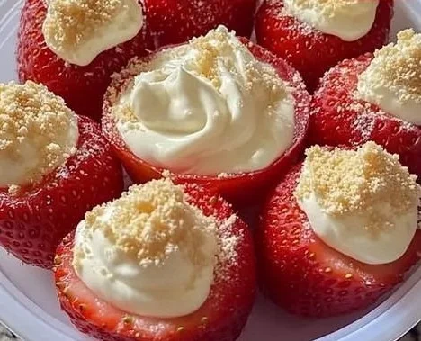 Cheesecake deviled strawberries topped with cream and crumbs