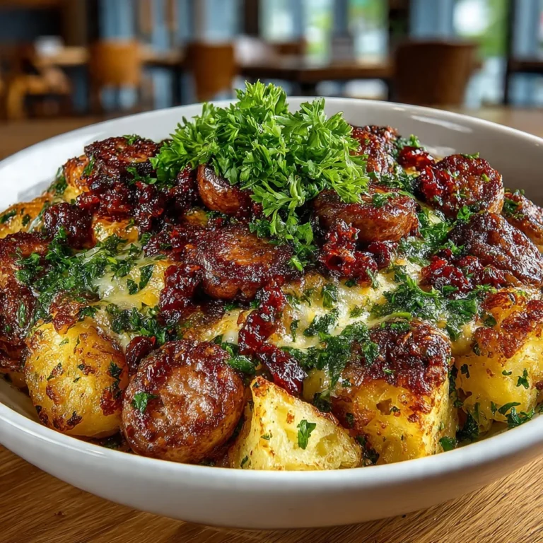Cheesy ranch potatoes with smoked sausage, a delicious comfort food dish.
