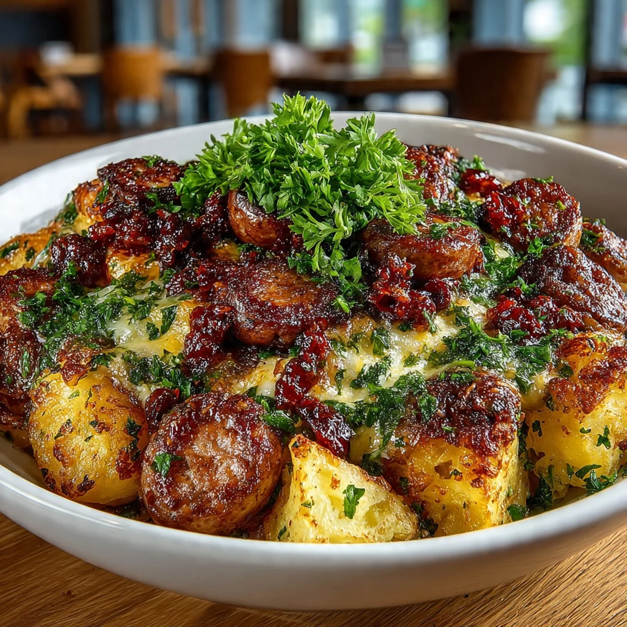 Cheesy ranch potatoes with smoked sausage, a delicious comfort food dish.