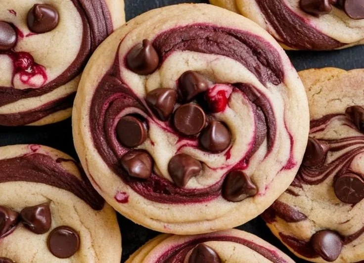 Plate of cherry chocolate chip cookies with mocha chips on a wooden table