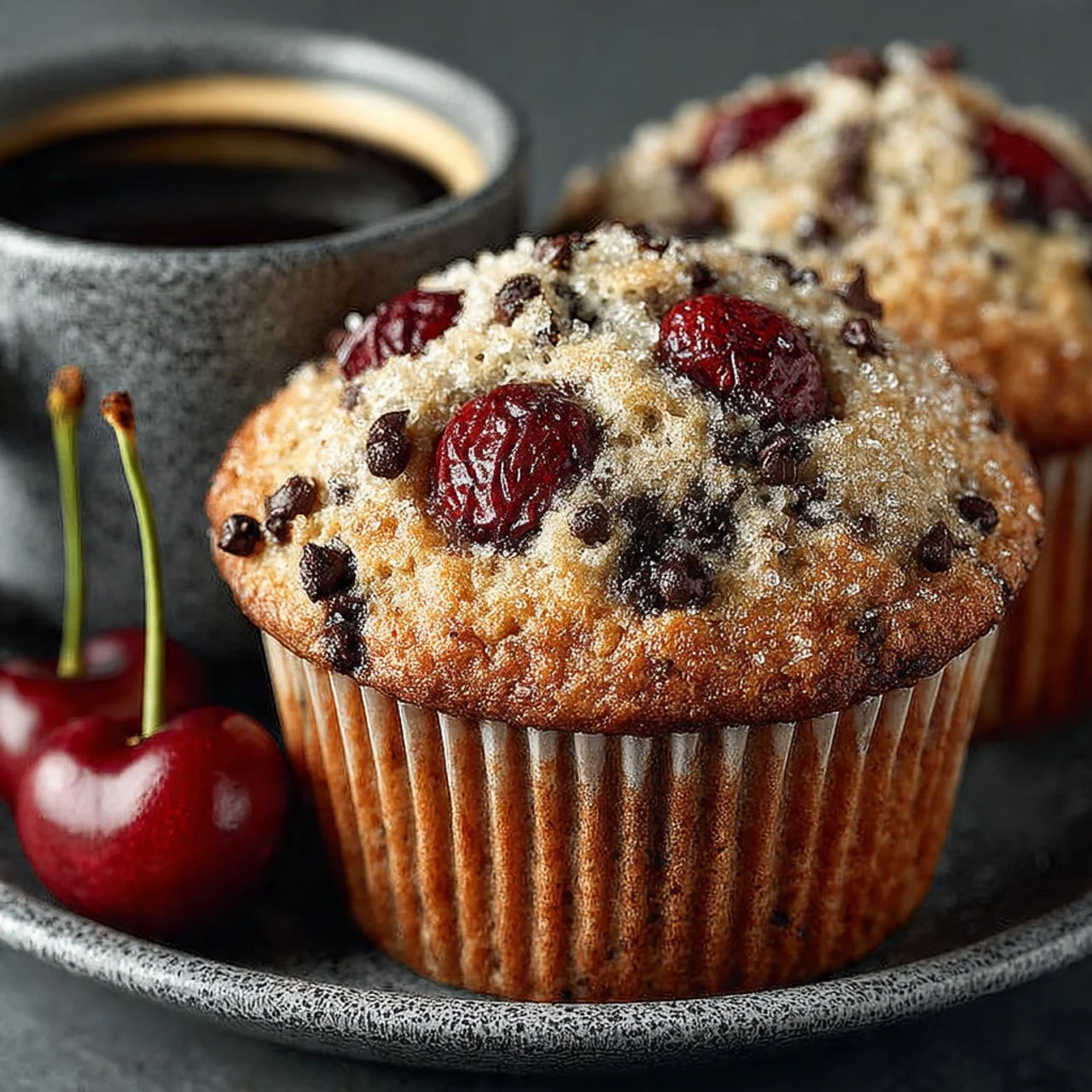 Freshly baked Cherry Chocolate Chip Muffins on a cooling rack