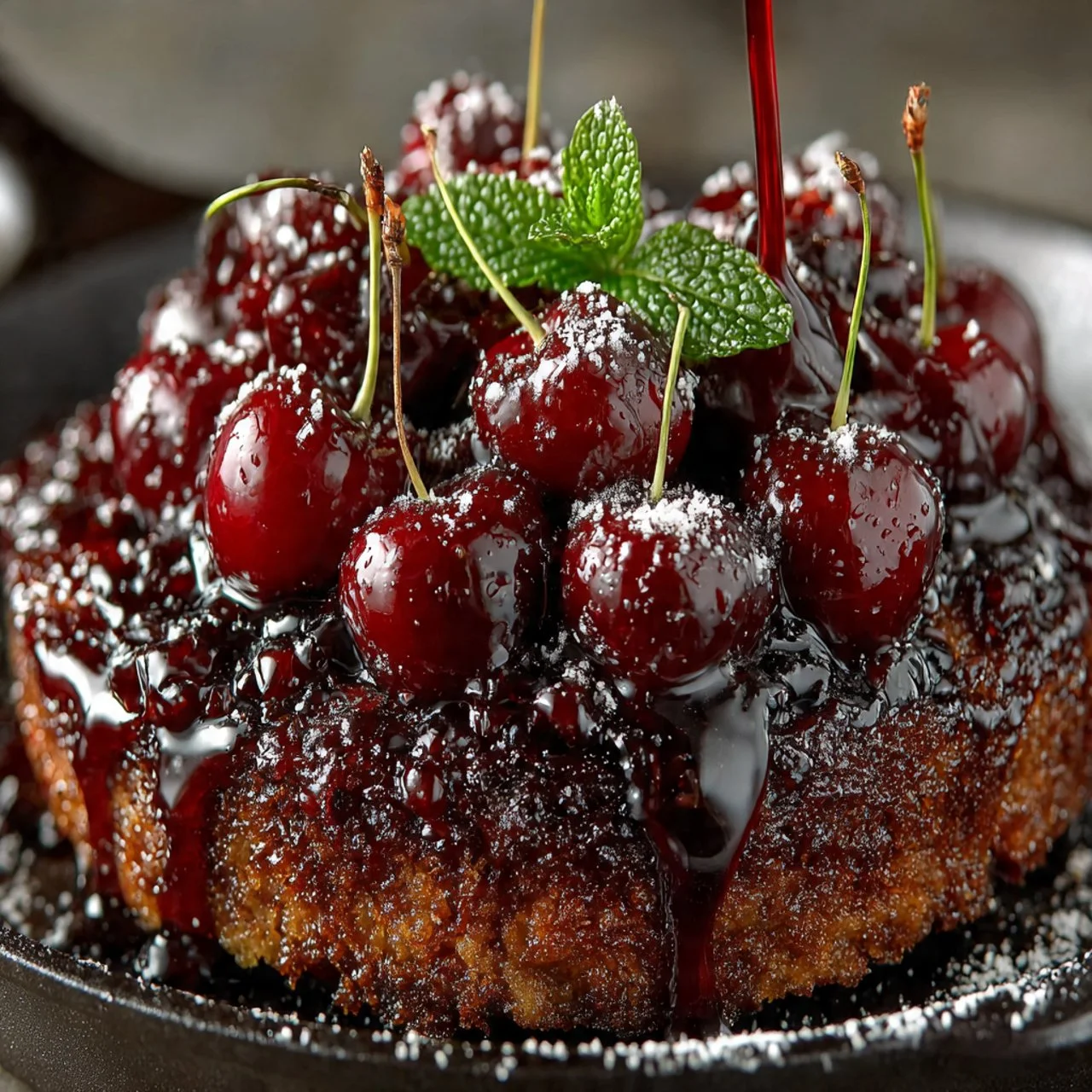 Cherry chocolate upside down cake topped with fresh cherries and chocolate drizzle.