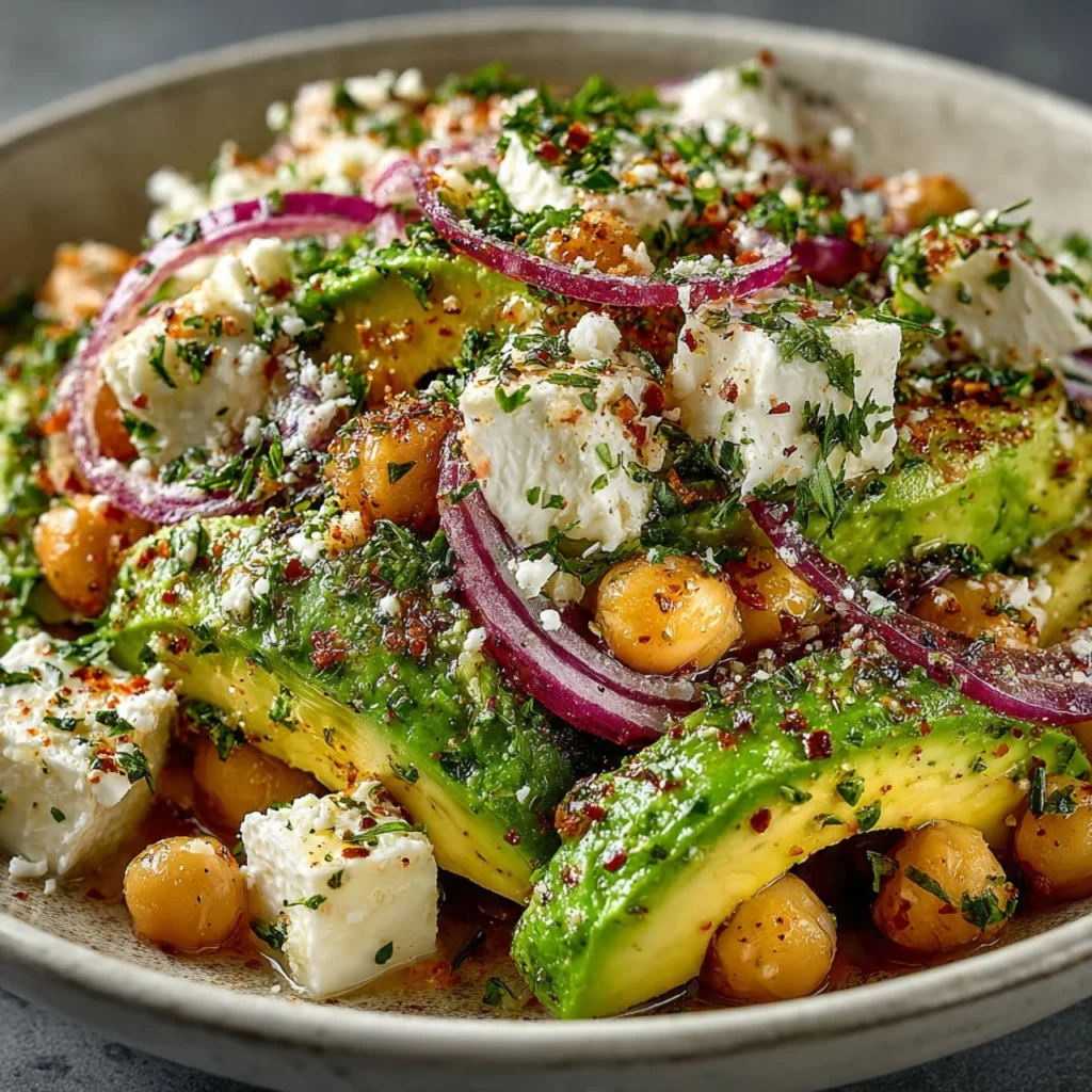 Chickpea Feta Avocado Salad with vibrant vegetables and dressing