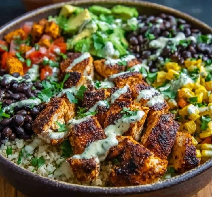 Delicious Chipotle Chicken Bowl with black beans, corn, and creamy sauce.