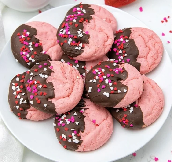 Freshly baked chocolate covered strawberry cookies on a plate