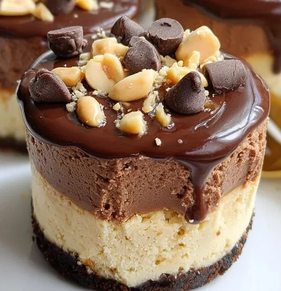Delicious chocolate peanut butter mini cheesecakes on a decorative plate