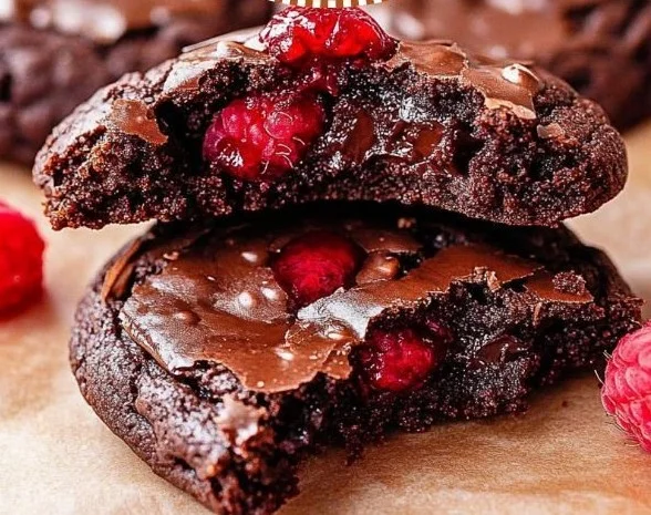 Delicious Chocolate Raspberry Cookies baked fresh, showcasing chocolate chips and raspberries.