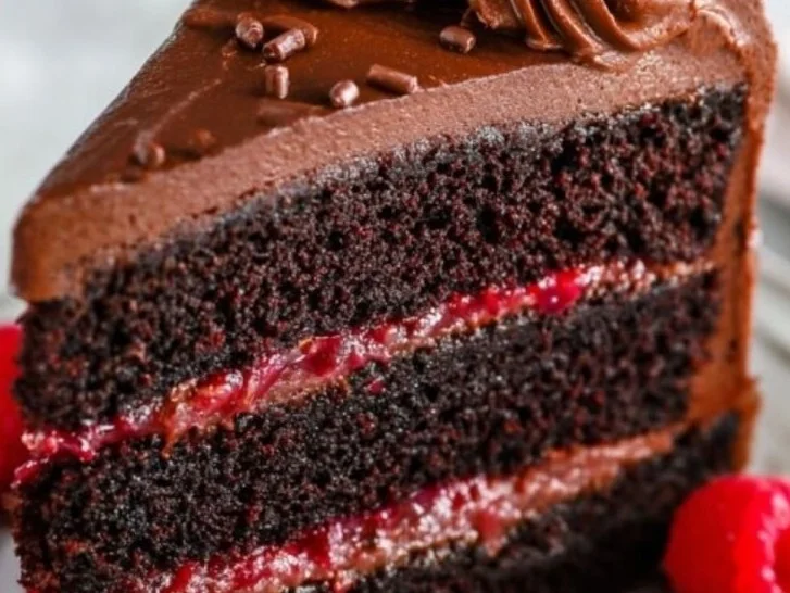 Delicious Chocolate Raspberry Layer Cake with rich chocolate layers and raspberry filling