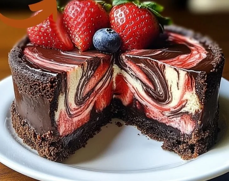 A delectable slice of chocolate strawberry swirl cheesecake topped with fresh strawberries.