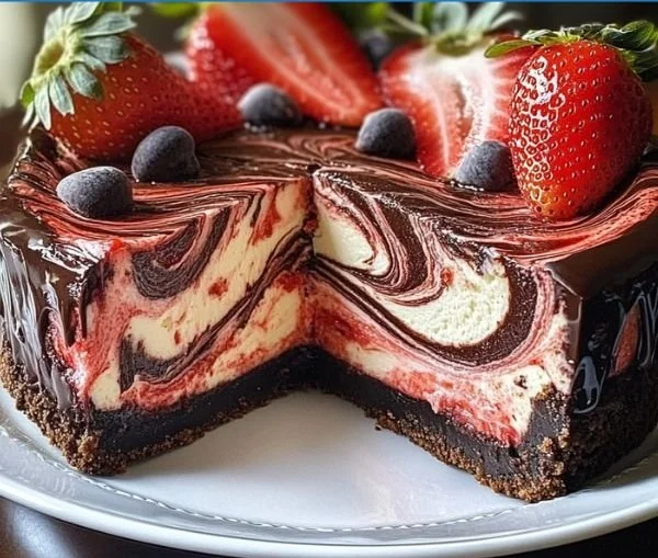 Chocolate strawberry swirl cheesecake topped with fresh strawberries.