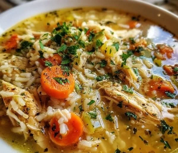 Bowl of creamy Crack Chicken & Rice Soup with herbs and spices
