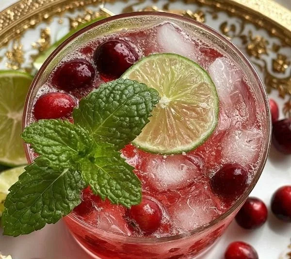Cranberry Mule mocktail served in a glass with fresh cranberries and lime