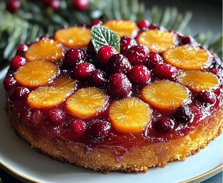 Cranberry Pineapple Upside-Down Cake with cherries and caramel glaze