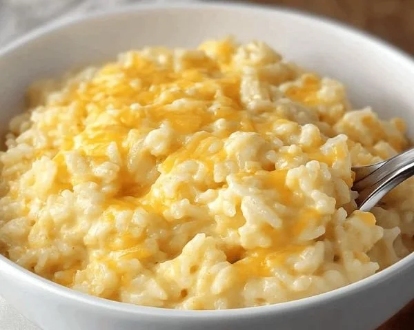 Creamy cheesy rice dish topped with melted cheese and herbs