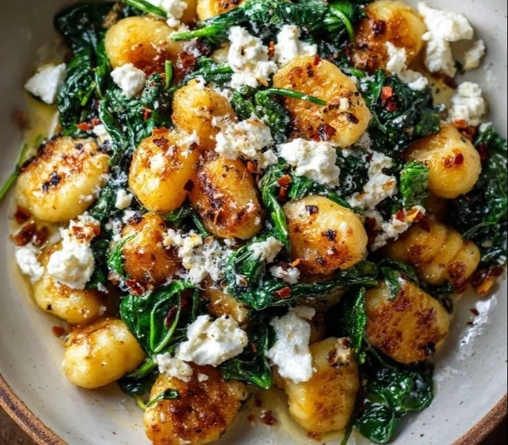 Creamy gnocchi with spinach and feta in a bowl, garnished with herbs