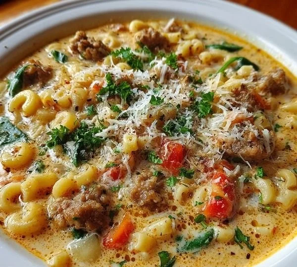Bowl of creamy Parmesan Italian sausage ditalini soup topped with herbs