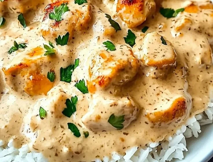 Creamy smothered chicken served over rice in a bowl