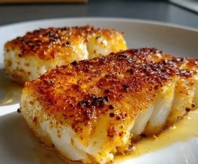 Crispy air fryer cod fillets served on a plate with lemon and herbs