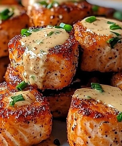 Crispy Bang Bang Salmon Bites served on a plate with dipping sauce