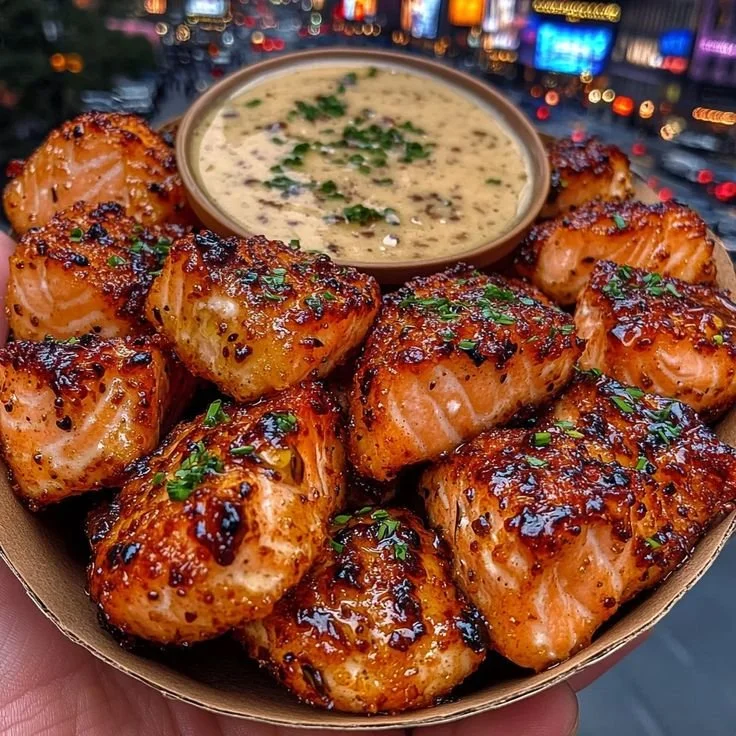 Crispy salmon bites served with honey garlic dip on a plate