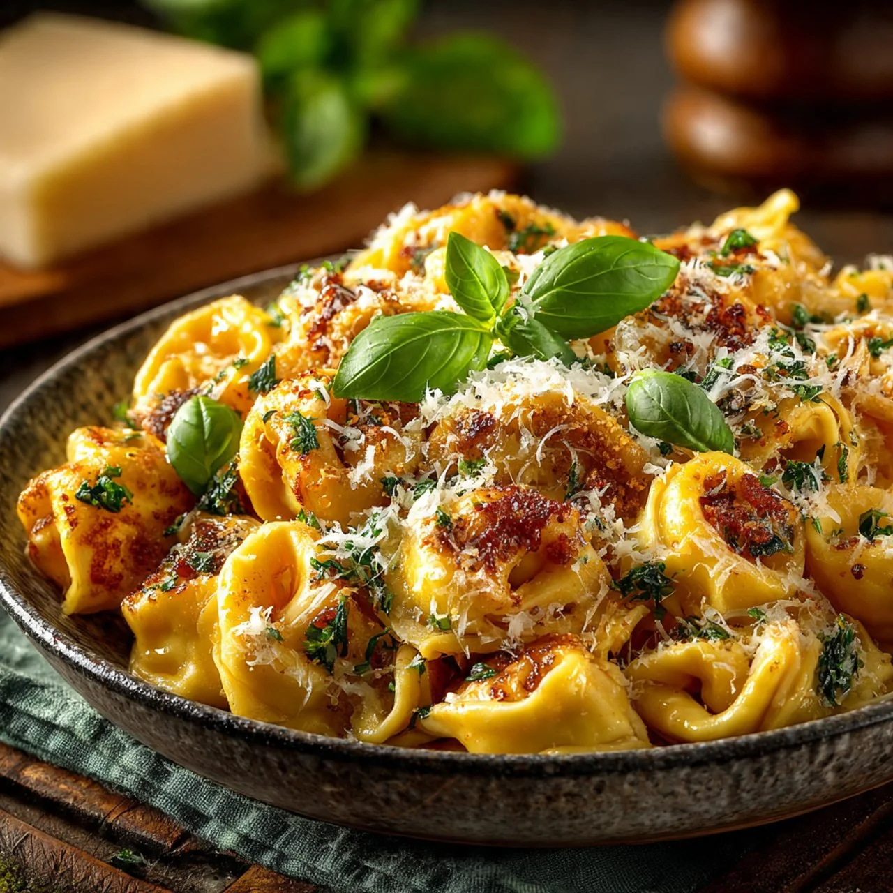 Delicious CrockPot Chicken Tortellini served in a bowl with herbs.