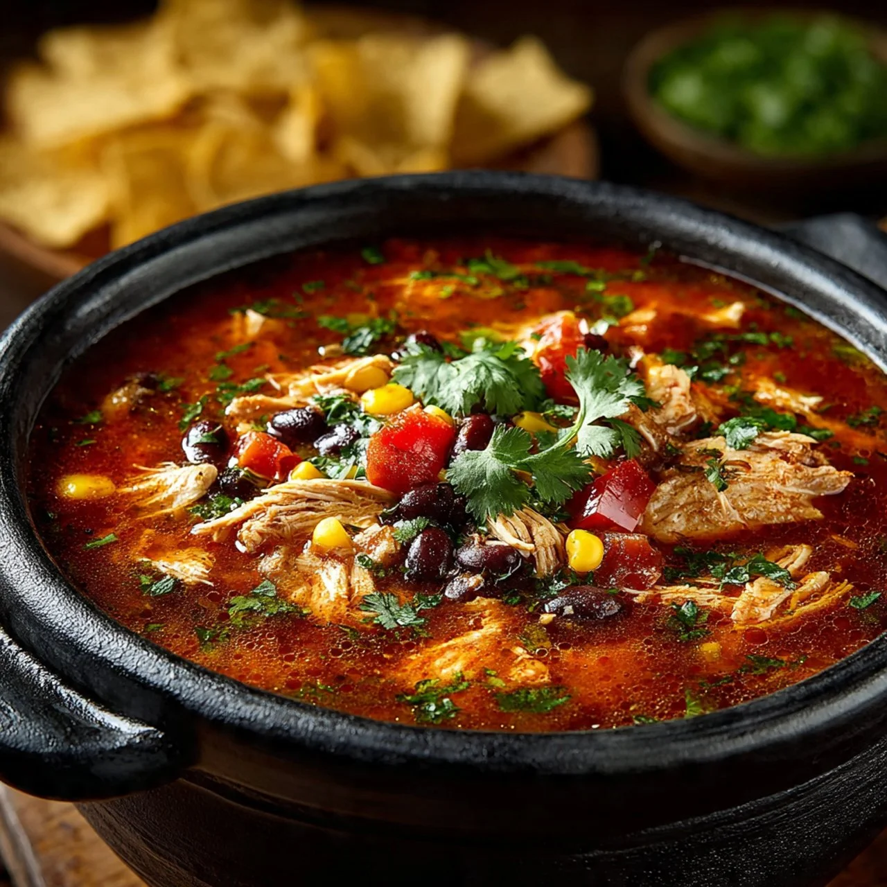 Delicious bowl of Crockpot Chicken Tortilla Soup topped with avocado and cilantro