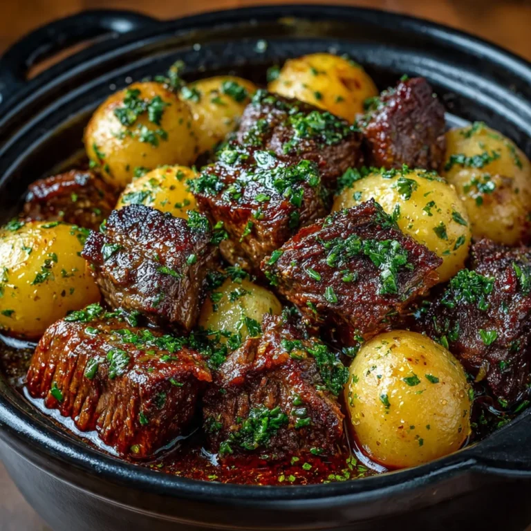 Crockpot garlic butter beef bites with potatoes in a flavorful sauce