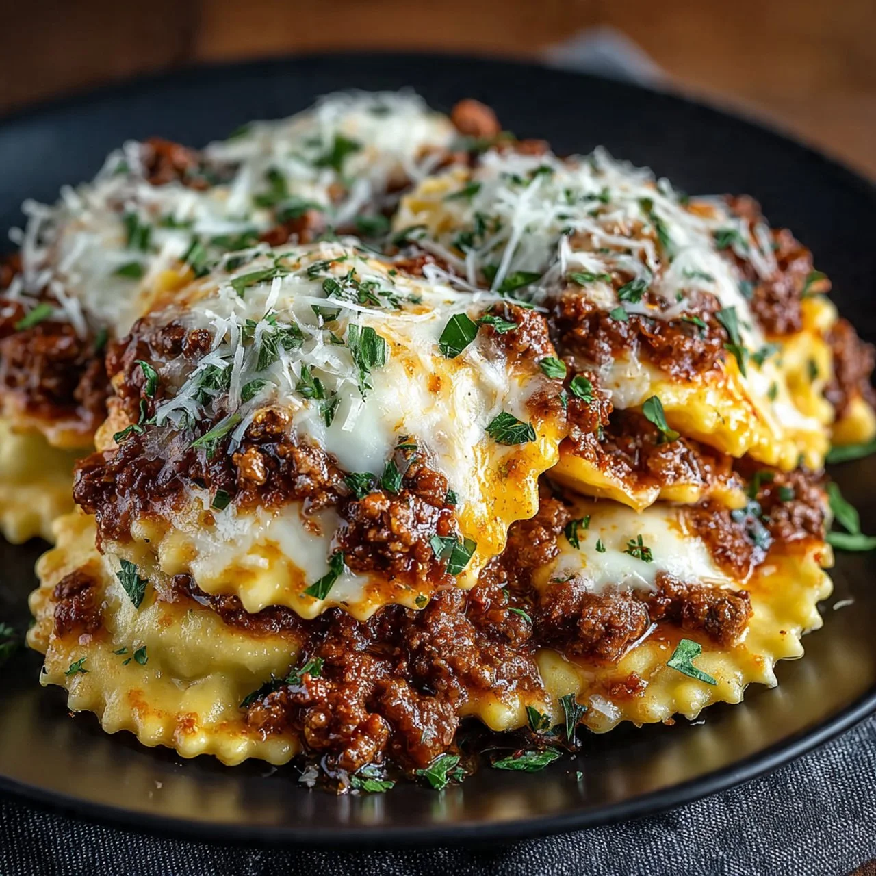 Delicious Crockpot Ravioli Lasagna served in a bowl, garnished with herbs.