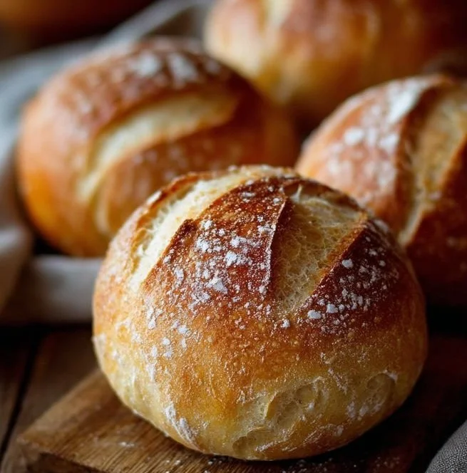 Freshly baked crusty French bread rolls on a wooden table