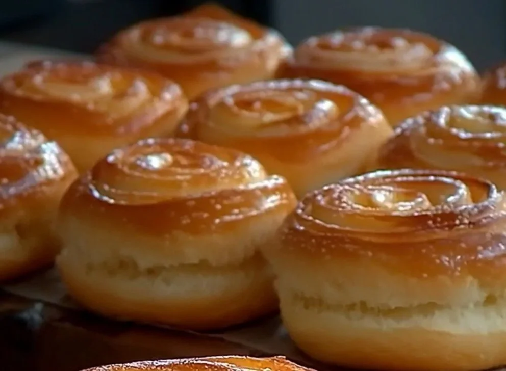 Freshly baked custard-filled sweet bread on a wooden table