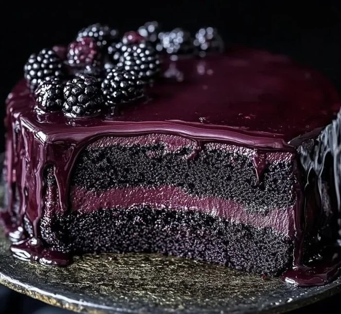 Decadent Blackberry Velvet Gothic Cake with rich layers and blackberry frosting
