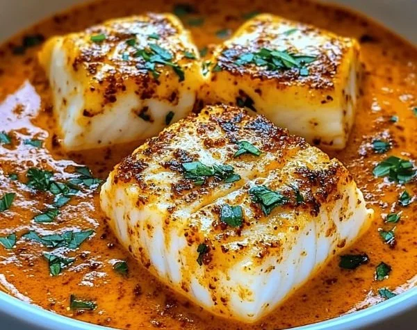Delicious cod in roasted red pepper sauce recipe served on a plate